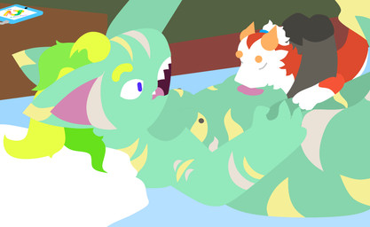 2_penises 4_fingers anthro bed between_penises blue_bed blue_eyes blue_hairband brown_floor cheek_tuft diphallism dipstick_ears dipstick_tail duo ear_markings eyebrows eyes_closed facial_tuft fin fingers fur furniture genitals green_body green_eyebrows green_hair green_wall grey_nipples grey_penis hair horizontal_diphallism horn licking lying male male/male markings messy_hair multi_genitalia multi_penis multicolored_ears navel_fetish navel_lick nightstand nipples on_back on_front open_mouth orange_eyebrows orange_horn penis pillow pink_inner_ear pink_tongue ponytail red_body red_fur sharp_teeth startled stripes tablet tail tail_fin tail_markings teeth tongue tuft white_body white_fur white_hair white_pillow white_stripes yellow_ear_tips yellow_stripes yellow_tail_tip a_slime_psycho mythology keylo_ryan_(a_slime_psycho) soap_(a_slime_psycho) aquatic dragon fish furred_dragon furred_scalie mythological_creature mythological_scalie scalie shark flat_colors hi_res lineless