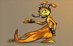 action_pose anthro clothing eyewear feral fingerless_gloves fur gloves goggles handwear male orange_body orange_fur pawpads paws pose semi-anthro simple_background solo rumbrave jak_and_daxter naughty_dog sony_corporation sony_interactive_entertainment daxter mammal mustelid ottsel digital_media_(artwork)