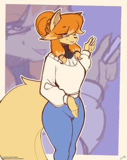 anthro blush blush_stickers bottomwear breasts clothing eyebrows eyelashes eyewear female glasses hair hair_bun hair_over_eye orange_hair pants solo sweater tan_body topwear lyorenth-the-dragon undertale_(series) undertale_yellow ceroba_ketsukane canid canine fox mammal 2026 hi_res