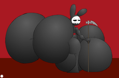 anthro big_bulge big_butt black_eyes bubble_butt bulge butt clothing curvy_figure eyelashes femboy huge_bulge huge_butt hyper hyper_bulge hyper_butt logo looking_at_viewer looking_back looking_back_at_viewer male melee_weapon polearm pupils rear_view robe scythe small_waist solo text thick_thighs wasp_waist weapon white_pupils wide_hips thatdawgmurray bunny_maloney death_bunny lagomorph leporid mammal rabbit aliasing artist_logo artist_name digital_media_(artwork) hi_res signature