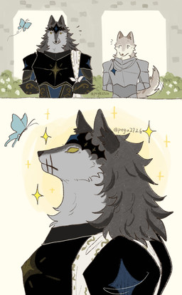 anthro armor black_body black_fur clothed clothing duo facial_scar fluffy fluffy_tail fur grey_body grey_fur kemono knight knight_armor male male/male medieval_armor military multicolored_body multicolored_fur no_pupils plant pointy_ears scar soldier tail tail_motion tailwag two_tone_body two_tone_fur warrior white_body white_fur pegu2726 arthropod butterfly canid canine canis insect lepidopteran mammal wolf 2026 absurd_res comic hi_res