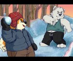 anthro black_nose bottomwear clothing detailed_background duo eyes_closed hat headgear headwear male outside overweight overweight_male pants plant shirt snow snowball snowball_fight topwear tree 06junior11 bear canid canine canis domestic_dog mammal polar_bear ursine 2022 6:5 hi_res