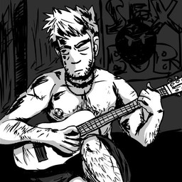 acoustic_guitar clothed clothing eyes_closed guitar hairy human_only male music musical_instrument not_furry playing_guitar playing_music plucked_string_instrument solo string_instrument topless unknown_artist scott_pilgrim_(series) stephen_stills human mammal 1:1 black_and_white grandfathered_content monochrome
