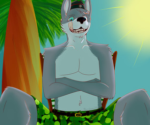 anthro beach bedroom_eyes blue_eyes camo camo_print clothing crossed_arms fur grey_body grey_fur grin half-closed_eyes hat headgear headwear looking_down male narrowed_eyes outside plant seaside seductive smile solo sun teeth tongue tree birchnutter canid canine canis domestic_dog mammal wolf