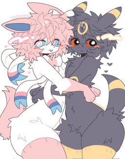 anthro blush clothing heart_symbol hug huge_hips legwear legwear_only male male/male mostly_nude pupils small_waist thick_thighs thigh_highs thigh_highs_only tongue tongue_out white_pupils wide_hips tarashi nintendo pokemon eeveelution generation_2_pokemon generation_6_pokemon pokemon_(species) sylveon umbreon hi_res