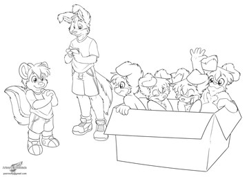 5_fingers adoption_box anthro bottomwear box buckteeth clone clothed clothing container eyes_closed fingers footwear fully_clothed fur group hair holding_money holding_object in_box in_container interlocked_fingers legwear looking_at_another male money open_mouth open_smile raised_arm raised_tail shirt shoes short_hair shorts simple_background slightly_chubby smile socks t-shirt tail teeth text topwear white_background young young_anthro young_male wolfblade jesse_collins roni_collins border_collie canid canine canis chipmunk collie domestic_dog ground_squirrel herding_dog mammal pastoral_dog rodent sciurid sheepdog black_and_white line_art monochrome url
