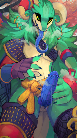 animal_genitalia animal_penis anthro biped blue_penis blue_tongue bodily_fluids breath claws clothed clothing curved_horn drooling genital_fluids genitals gold_(metal) gold_jewelry green_body hair horn jewelry long_hair looking_at_viewer male panting partially_clothed penis precum precum_string presenting saliva solo steam sweat tail tongue yellow_sclera plive mythology keranas crocodile crocodilian dragon hybrid mythological_creature mythological_scalie reptile scalie 2023 absurd_res hi_res