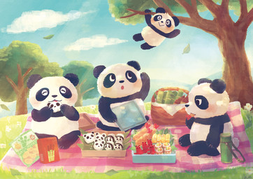 anthro black_body black_fur blush chibi detailed_background eyes_closed food fur group multicolored_body multicolored_fur outside picnic sitting slightly_chubby two_tone_body two_tone_fur white_body white_fur araru bear giant_panda mammal 2020