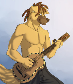 acoustic_guitar anthro black_bottomwear black_clothing black_pants blue_eyes bottomwear brown_hair brown_nose clothed clothing dreadlocks fur glistening glistening_eyes guitar hair holding_guitar holding_musical_instrument holding_object looking_at_viewer male male_anthro mouth_closed musical_instrument pants plucked_string_instrument solo standing string_instrument topless yellow_body yellow_fur solaxe_(artist) canid canine mammal portrait three-quarter_portrait