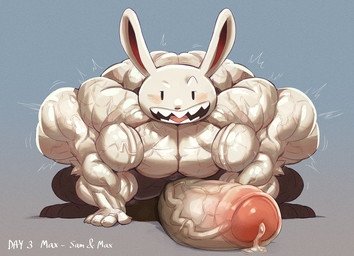 3_toes 4_fingers abs anthro arm_tuft back_muscles bedroom_eyes biceps big_muscles big_pecs big_penis black_eyes blush bodily_fluids claws count day_count deltoids dot_eyes elbow_tuft erection exercise eyebrow_ridge featureless_chest feet fingers forearm_muscles foreshortening foreskin front_view fur genital_fluids genitals glans gradient_background grin head_tilt huge_muscles huge_penis humanoid_genitalia humanoid_penis hyper hyper_genitalia hyper_muscles hyper_penis light long_ears looking_at_viewer male motion_lines muscular muscular_legs muscular_male narrowed_eyes nude one_raised_eyebrow open_mouth open_smile partially_retracted_foreskin paws pecs penis penis_on_ground pink_glans pink_nose pink_tongue pointillism precum precum_on_ground push-up quads rabbit_ears red_inner_ear seductive shadow sharp_teeth short short_male simple_background simple_eyes small_but_hung small_nose smile solo teeth text thick_penis thick_thighs toes tongue trapezius tremble_spikes triceps tuft unsigned urethra vein veiny_muscles veiny_penis white_body white_fur white_penis crimsonrabbit sam_and_max max_(sam_and_max) lagomorph leporid mammal rabbit 2024 character_name digital_media_(artwork) full-length_portrait hi_res lighting line_art portrait shaded shaded_line_art