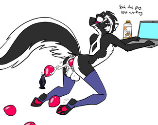 ambiguous_fluids anal anal_oviposition anal_penetration anthro beverage big_tail clothing computer ear_piercing egg electronics laptop large_penetration leaking leaking_anus legwear male oviposition pawpads paws penetration piercing solo stockings tail topazknight jeremy_(topazknight) mammal mephitid skunk