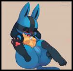 3_toes anthro black_border blush border breasts feet female genitals one_eye_closed open_mouth pussy red_eyes simple_background solo spread_legs spreading tail toes honeycalamari nintendo pokemon generation_4_pokemon lucario mammal pokemon_(species) 2017 digital_media_(artwork)