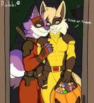 anthro clothed clothing duo fur hair holidays hug male male/male text tongue pubbipaws deadpool_&_wolverine_(2024) halloween marvel deadpool wolverine_(marvel) canid canine canis domestic_cat domestic_dog felid feline felis mammal digital_media_(artwork) hi_res