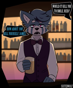5_fingers alcohol annoyed anthro bar bartender beer beverage black_nose blue_body blue_fur bottle bottomwear bow_tie cheek_tuft clothing collared_shirt container cup detailed_background dialogue drinking_glass eye_bags eyebrows eyelashes facial_tuft fangs fingers fur glass glass_container glass_cup hand_on_table head_tuft holding_glass holding_object humanoid_hands inner_ear_fluff insult looking_at_viewer male narrowed_eyes offscreen_character pants purple_bottomwear purple_bow_tie purple_clothing purple_pants purple_suit red_eyes shelf shirt solo speech_bubble standing striped_body striped_fur stripes suicide_baiting suit teeth text topwear tuft white_body white_clothing white_fur white_inner_ear_fluff white_shirt white_topwear wine suitedwolfie reid_(suitedwolfie) ailurid mammal red_panda 2024 digital_drawing_(artwork) digital_media_(artwork) english_text hi_res watermark