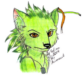 dog_tags green_body green_hair hair looking_at_viewer male military military_service orange_eyes solo text year selinatc azimoert canid canine fox mammal 2014 absurd_res bust_portrait english_text hi_res portrait traditional_media_(artwork)
