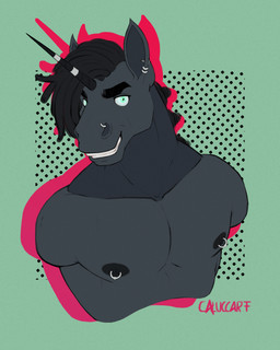 anthro black_body black_fur dreadlocks ear_piercing ear_ring fur horn looking_at_viewer male nipple_piercing nipples piercing ring_piercing simple_background smile solo unicorn_horn caluccart mythology calu equid equine mammal mythological_creature mythological_equine unicorn 4:5 absurd_res hi_res signature