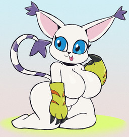 :3 anthro big_breasts breasts butt clothing ear_tuft featureless_breasts female gloves gloves_only handwear handwear_only huge_breasts kneeling mostly_nude overweight overweight_anthro overweight_female shortstack solo thick_thighs tongue tongue_out tuft wide_hips someth1ngoranother bandai_namco digimon digimon_(species) gatomon hi_res