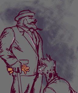 beard bodily_fluids cane clothing cum cum_in_mouth cum_inside duo eyewear facial_hair genital_fluids glasses gloves handwear hat headgear headwear male male/male necktie oral standing suit jameslewis g_jamez alpaca bear camelid humanoid mammal hi_res line_art sketch