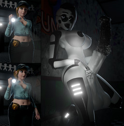 against_surface against_wall animal_genitalia animal_genitalia_on_humanoid animal_penis areola balls belt big_balls big_breasts big_penis black_areola black_bottomwear black_clothing black_collar black_hair black_hat black_headwear black_lips black_nipples black_pants black_penis black_tongue blonde_hair blurred_background bodily_fluids bottomwear breast_size_difference breasts cleavage clothed clothing collar crop_top duo equine_genitalia equine_penis erection excessive_genital_fluids excessive_precum eyewear female female_human flashlight genital_fluids genitals glowing green_eyes grey_eyes gynomorph gynomorph_humanoid hair hand_on_penis hat headgear headwear holding_flashlight holding_object huge_balls huge_penis hyper hyper_genitalia hyper_long_penis hyper_penis inside intersex intersex_humanoid lips looking_at_viewer machine medium_hair midriff nipples not_furry open_mouth open_smile pants penis ponytail precum precum_on_penis saggy_balls security security_guard security_uniform shirt shocked short_hair smile smiling_at_viewer spiked_collar spikes sunglasses surprised teal_clothing teal_shirt teal_topwear tongue tongue_out topwear wet wet_penis white_body fnafgamern disembowell_(modeler) psychojohn2_(modeler) five_nights_at_freddy's scottgames rachel_(fnafgamern) vanessa_(fnaf) human humanoid mammal robot robot_humanoid 3d_(artwork) absurd_res comic digital_media_(artwork) hi_res