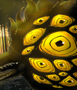 ambiguous_gender beak big_eyes black_beak black_body black_feathers close-up feathers forest light looking_at_viewer multi_eye open_beak open_mouth plant ringed_eyes solo spiral sun_glare sunlight teeth toothed_beak tree yellow_eyes yellow_sclera bobisome lobotomy_corporation project_moon big_bird_(lobotomy_corporation) abnormality_(project_moon) 2025 hi_res signature