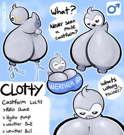anus balls big_breasts blush breasts clothing foreskin genitals gynomorph huge_breasts hyper hyper_breasts intersex looking_at_viewer nipples penis puffy_anus small_penis solo text topwear tube_top nephiliahive nintendo pokemon castform generation_3_pokemon normal_castform pokemon_(species) english_text hi_res