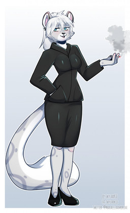 anthro black_nose blue_eyes bottomwear breasts cigarette clothed clothing collar eyebrows female fingers footwear fur furgonomics grey_body grey_fur hair jacket multicolored_body multicolored_fur shoes skirt small_breasts smoke smoking solo standing tail tail_through_skirt topwear white_eyebrows white_hair skylar_kie felid mammal pantherine snow_leopard hi_res