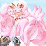 anthro beady_eyes belly bikini blue_eyes blush clothing cosplay digivice embarrassed female larger_female long_ears pink_body size_difference slightly_chubby swimwear two-piece_swimsuit gerusyu bandai_namco digimon cherubimon cherubimon_(good) digimon_(species) human mammal 1:1 absurd_res hi_res