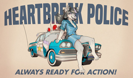 anthro barefoot breasts car cleavage clothed clothing feet female fur grey_body grey_fur highlights_(coloring) open_mouth police police_car police_uniform police_vehicle sitting smile smiling_at_viewer solo text uniform vehicle posspowered canid canine mammal english_text hi_res
