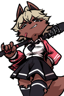 anthro baseball_bat bat_(object) bottomwear brown_body brown_fur clothing collared_shirt female fluffy fluffy_tail fur grin hair legwear low-angle_view necktie shirt skirt smile solo tail thigh_highs topwear white_hair anonymous_artist bully_fox bully_fox_(robbie) canid canine fox mammal 2:3