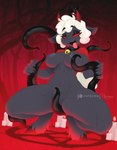 anthro black_body black_breasts black_fur breasts covering covering_breasts female fur hair looking_at_viewer navel nude pose red_eyes ritual seductive smile solo spread_legs spreading tentacle_between_legs tentacles tongue tongue_out white_hair purrynx cult_of_the_lamb massive_monster_(studio) lamb_(cult_of_the_lamb) bovid caprine caprine_demon demon mammal sheep hi_res pinup