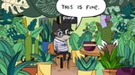 anthro cactus chair clothed clothing dialogue eyewear fern footwear furniture glasses hand_in_pocket leaf male plant pockets poster shoes smile solo tree conditional_dnp grinn3r this_is_fine kusaki cougar domestic_cat felid feline felis mammal meme redraw