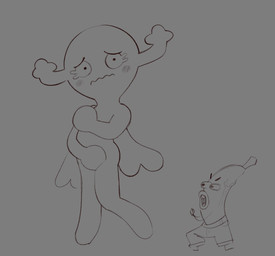 anthro antlers blush blush_lines bottomwear clothing covering covering_chest covering_crotch covering_self duo embarrassed female food horn male male/female pants vein wings anonymous_artist cartoon_network the_amazing_world_of_gumball banana_joe penny_fitzgerald fairy food_creature living_banana hi_res