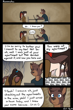 anthro black_border blue_eyes border brown_body brown_fur brown_hair clothed clothed_anthro clothed_female clothed_male clothing dialogue duo embarrassed female female_anthro floppy_ears fully_clothed fully_clothed_female fully_clothed_male fur green_eyes hair highlights_(coloring) inside long_ears male male_anthro page_number ponytail red_highlights speech_bubble text thought_bubble black-kitten ken_(black-kitten) maya_(black-kitten) canid canine canis domestic_dog hybrid lagomorph leporid mammal rabbit 2:3 comic english_text hi_res