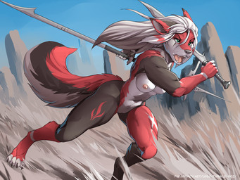 4_toes 5_fingers anthro areola athletic athletic_anthro athletic_female attack barely_visible_genitalia barely_visible_vulva breasts brown_body brown_fur casual_nudity charging day detailed_background feet female fingers fur genitals hair holding_melee_weapon holding_object holding_sword holding_weapon melee_weapon nipples nude open_mouth outdoor_nudity outside polearm red_body red_fur sky solo spear sword teeth toes tongue vulva warrior weapon white_body white_fur white_hair twinkle-sez canid canine canis domestic_dog mammal 4:3 hi_res