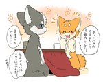 ambiguous_gender blue_eyes blush cute_fangs duo eyes_closed fangs feral fur furniture grey_body grey_fur kemono kotatsu looking_at_another open_mouth orange_body orange_fur semi-anthro simple_background sitting table tail teeth text white_body white_fur ayaka kyappy shibeta canid canine canis domestic_dog husky mammal nordic_sled_dog shiba_inu siberian_husky spitz 5:4 digital_media_(artwork) japanese_text translated female_(lore) male_(lore)