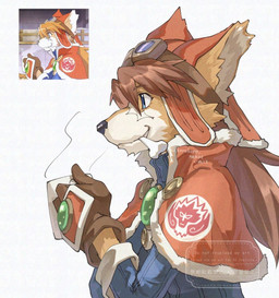 anthro biped blue_eyes bone_in_mouth capelet clothed clothing container cup eyewear eyewear_on_head fully_clothed furgonomic_headwear furgonomics goggles goggles_on_head hair holding_container holding_cup holding_mug holding_object kemono long_hair looking_sideways male mug scar side_view simple_background solo white_background korokoro_nekoz cyberconnect2 little_tail_bronx solatorobo red_savarin canid canine caninu canis domestic_dog mammal 2026 half-length_portrait hi_res japanese_description portrait redraw reference_image