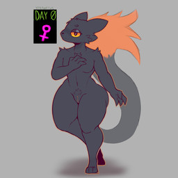 anthro arm_tuft big_butt black_body black_eyes black_fur breasts butt cheek_tuft claws digitigrade eyeshadow facial_tuft female fur genitals looking_at_viewer makeup nude orange_sclera orange_vulva shoulder_tuft solo standing tail tuft vulva wide_hips drawktus casualties:_unknown canid expie_(gunsawian) gunsawian hybrid mammal absurd_res hi_res