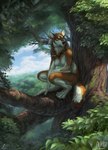 anthro arm_on_leg arm_support athletic athletic_anthro athletic_female bent_legs biceps biped black_claws black_nose blue_eyes blue_sky braided_hair branch breasts brown_body brown_fur chest_tuft claws cloud crouching day deltoids detailed_background digitigrade dipstick_ears dipstick_tail ear_markings ear_piercing ear_ring feather_ear_ring feathers feet female finger_claws fluffy fluffy_tail forest fur hair high_place inner_ear_fluff landscape leaf light looking_away markings moss multicolored_body multicolored_ears multicolored_fur multicolored_tail nature neck_tuft nude outside piercing plant pointy_ears prick_ears ring_piercing sky solo tail tail_markings tan_body tan_fur toe_claws tree triceps tuft whisker_markings white_body white_fur aurru miles_(miles-wolf) canid canine canis mammal wolf 2021 artist_name digital_media_(artwork) digital_painting_(artwork) full-length_portrait hi_res lighting portrait shaded signature