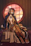 anthro breasts claws clothed clothing deep_cleavage female fur hair looking_at_viewer orange_body orange_fur pink_nose red_hair sitting smile solo striped_body striped_fur stripes whiskers window yellow_eyes shamerli felid mammal pantherine tiger 2023 digital_media_(artwork) hi_res