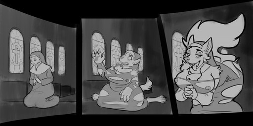 anthro base_one_layout basic_sequence blush breast_expansion breasts church expansion female growth human_to_anthro inside kneeling linear_sequence nipples nun one_row_layout open_mouth praying smile solo species_transformation surprised tail tail_growth three_frame_image three_frame_sequence tongue tongue_out transformation transformation_sequence dascarl canid canine human mammal 2020 monochrome sequence