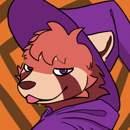 anthro blep brown_body brown_fur brown_inner_ear brown_nose clothed clothing costume fur hat head_tuft headgear headwear looking_at_viewer male male_anthro orange_background orange_body orange_fur pattern_background pink_eyes pink_tongue purple_clothing purple_hat purple_headwear simple_background solo striped_background tan_body tan_fur tongue tongue_out tuft witch_costume witch_hat kyoninh artyom_(artyomtheredpanda) ailurid mammal red_panda 1:1 2021 cel_shading digital_drawing_(artwork) digital_media_(artwork) headshot_portrait hi_res icon portrait shaded