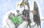 anthro book clothed clothing feathered_wings feathers group holding_book holding_object male simple_background size_difference tail wings coochan legendz mythology ranshiin dragon human mammal mythological_creature mythological_scalie scalie