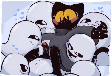 anthro balls black_body black_fur bodily_fluids clothed clothing crossgender cum cum_inside erection fellatio ftm_crossgender fur genital_fluids genitals group holidays humanoid_genitalia humanoid_penis male male/male oral penile penis sex simple_background notsafeforwanking google google_doodle magic_cat_academy momo_(google) canid domestic_cat felid feline felis ghost mammal spirit absurd_res digital_media_(artwork) hi_res