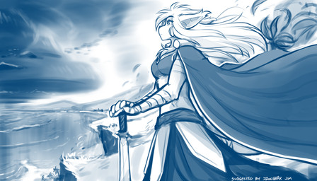 anthro biped bottomwear breasts clothed clothed_anthro clothed_female clothing female fingers fully_clothed fully_clothed_anthro fully_clothed_female fur hair melee_weapon outside sea solo standing sword tail topwear water weapon conditional_dnp tom_fischbach twokinds king_adelaide basitin mammal 2026 7:4 blue_and_white digital_drawing_(artwork) digital_media_(artwork) hi_res monochrome sketch