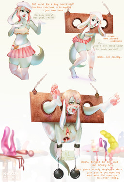 after_anal after_sex after_vaginal anime_eyes anthro anus bdsm belt beret bodily_fluids bottomwear clitoral_hood clitoris clothing crop_top cum cum_drip cum_from_vagina cum_in_ass cum_in_vagina cum_inside cum_on_feet dripping feet female female_anthro gag gagged gaping gaping_anus gaping_vagina genital_fluids genitals green_body hat headgear headwear humanoid_face humanoid_genitalia humanoid_lips humanoid_vulva legwear makeup mascara open_mouth open_mouth_gag plantigrade prostitution ruined_anus ruined_makeup ruined_pussy running_makeup running_mascara shirt simple_background skirt solo spank_marks spanked_butt standing submissive submissive_anthro submissive_female text thigh_highs tongue tongue_out topwear urethra vulva white_background white_body nacrecore lagomorph leporid mammal rabbit english_text hi_res