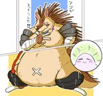 anthro band-aid bandage bandaged_arm belly big_belly brown_body eyes_closed kemono male overweight overweight_male text okudami sleepy_princess_in_the_demon_castle majiro_the_hedgehog eulipotyphlan hedgehog mammal 2022 japanese_text