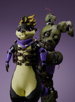 ambiguous_gender black_body blonde_hair bodily_fluids brain_damage clothing concern corpse drooling duo feral fingerless_gloves gloves hair handwear head_empty male presenting saliva standing tongue topwear vest yellow_body roffauwu five_nights_at_freddy's five_nights_at_freddy's_3 scottgames roffa springtrap_(fnaf) awtter human humanoid mammal mustelid otter hi_res