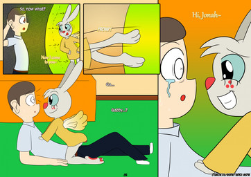 anthro bodily_fluids cartoon_freckles dialogue duo eyelashes female female_on_top freckled_face freckles long_eyelashes male male/female motion_lines on_top tears wings otakon_(artist) angel_hare the_east_patch angel_gabby jonah_whitman angel lagomorph leporid mammal rabbit comic hi_res