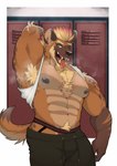 abs anthro armpit_hair armpit_musk barazoku body_hair bottomwear chest_hair clothing hand_behind_back happy_trail locker_room male mohawk muscular muscular_anthro muscular_male musk musk_clouds nipples pants solo sweatpants tail dannon-5 hyena mammal digital_media_(artwork) hi_res