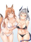 big_breasts bikini bikini_bottom bikini_top blush breast_poke breasts brown_hair cleavage clothed clothing duo female hair horn navel open_mouth silver_hair simple_background spade_tail swimwear tail two-piece_swimsuit white_background mistraia arknights hypergryph studio_montagne franka_(arknights) liskarm_(arknights) animal_humanoid canid canid_humanoid canine canine_humanoid demon demon_humanoid fox_humanoid humanoid mammal mammal_humanoid 2020 absurd_res hi_res